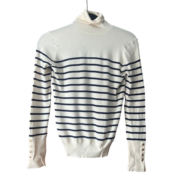 Zara Women's Striped Turtleneck Pullover Sweater Long Sleeve Cream/Navy SZ S - Picture 1 of 9